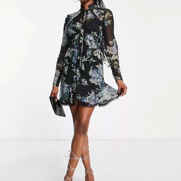 New ASOS DESIGN Black Floral Print Sheer Mini Dress With Lace Trim Detail Sz 14 - Picture 1 of 8